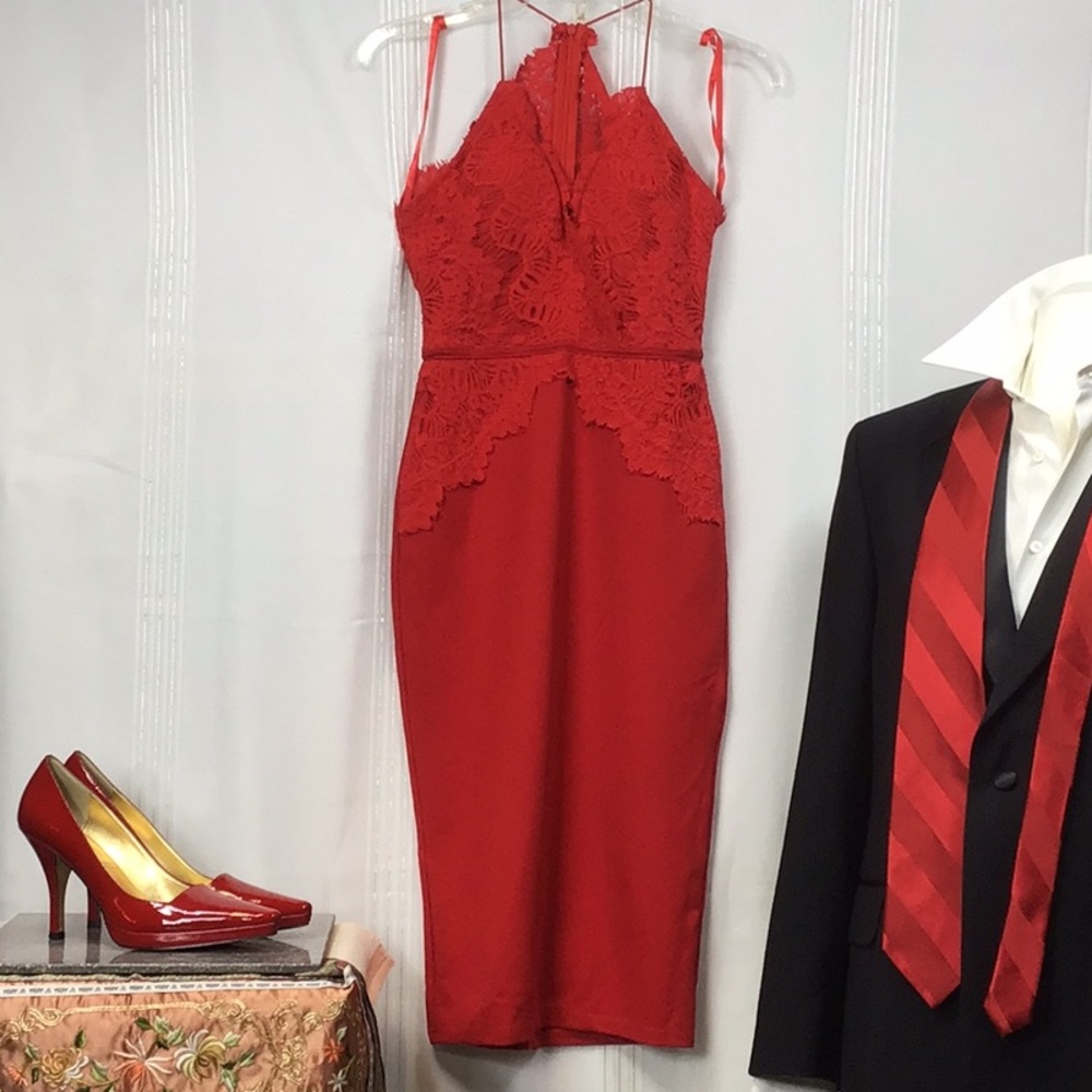 ♥️ Hello Molly Red Lace Body-Con Spaghetti Straps Back Zip Sz.S Dress